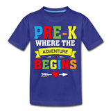 Pre K Where the Adventure Begins, Pre-Kindergarten, Pre K, 1st Day, Back to School, First Day of School Child's Shirt - royal blue