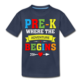 Pre K Where the Adventure Begins, Pre-Kindergarten, Pre K, 1st Day, Back to School, First Day of School Child's Shirt - navy