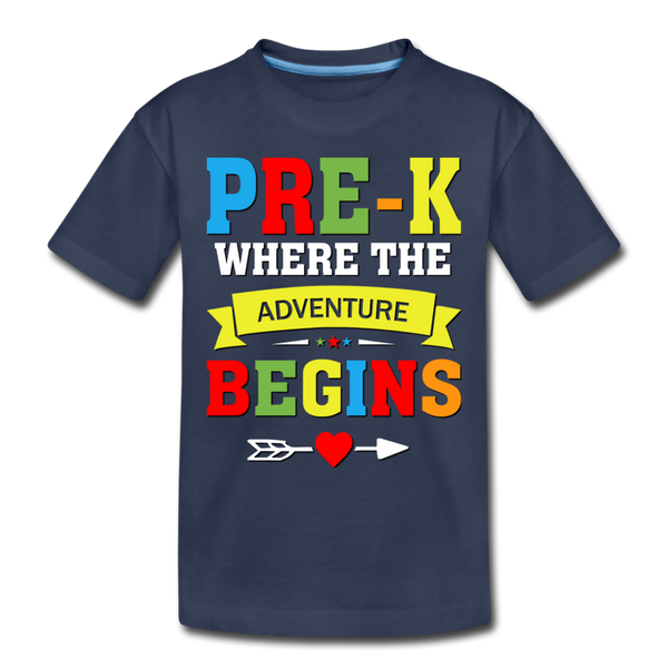 Pre K Where the Adventure Begins, Pre-Kindergarten, Pre K, 1st Day, Back to School, First Day of School Child's Shirt - navy