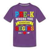 Pre K Where the Adventure Begins, Pre-Kindergarten, Pre K, 1st Day, Back to School, First Day of School Child's Shirt - purple