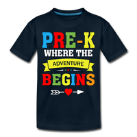 Pre K Where the Adventure Begins, Pre-Kindergarten, Pre K, 1st Day, Back to School, First Day of School Child's Shirt - deep navy
