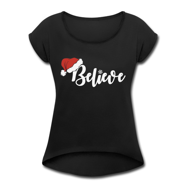 Believe, Christmas Roll Cuff T-Shirt - black
