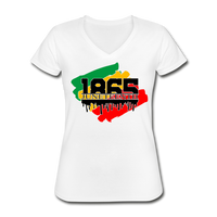 1865 Juneteenth, Women's V-Neck T-Shirt, Red, Green, Yellow and Black - white