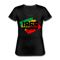 1865 Juneteenth, Women's V-Neck T-Shirt, Red, Green, Yellow and Black - black