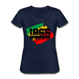 1865 Juneteenth, Women's V-Neck T-Shirt, Red, Green, Yellow and Black - navy